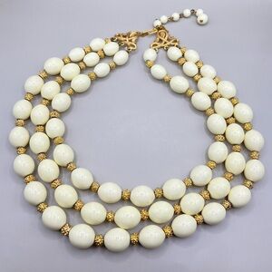 Vintage Crown Trifari Triple Strand Lucite Gold Tone Necklace